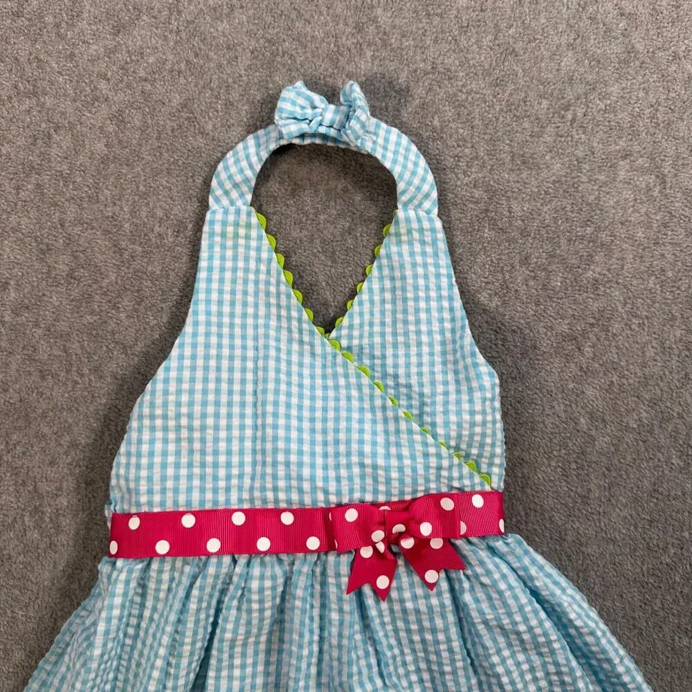 Girls Light Blue Gingham Unicorn Halter Dress with Pink Bow